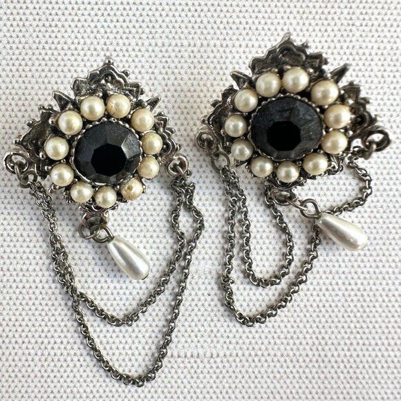Vintage Pearl and Black Glass Pierced Dangle Earrings - Picture 2 of 7